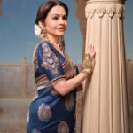 Navy Blue Pure Katan Designer Saree with Intricate Floral Motifs