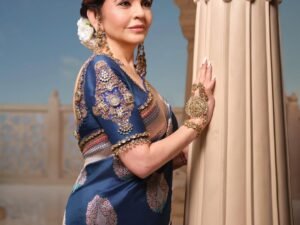 Navy Blue Pure Katan Designer Saree with Intricate Floral Motifs