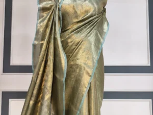 Gold Tissue Silk Saree with Aqua Blue Border | Ismaily Saree