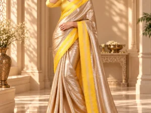 Gold Tissue Silk Saree with Yellow Zari Embroidered Border